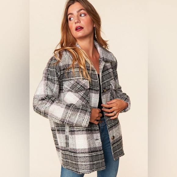 Flannel Plaid Button Down Coat, black/Gray/Blush/White, size small - Picture 6 of 13